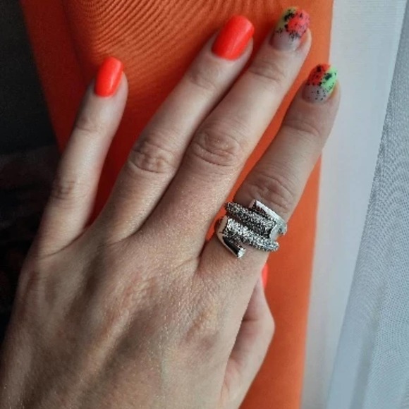 Silver Cubic Zirconia Crystal Geometric Adjustable Ring - Picture 13 of 14